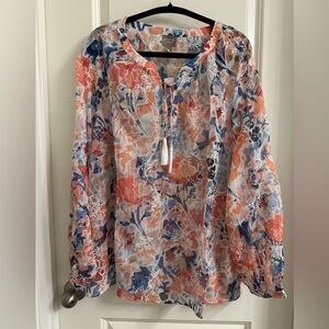 Chico's Floral Lace Up Neck Top Size 4 Long Raglan Sleeve Multi